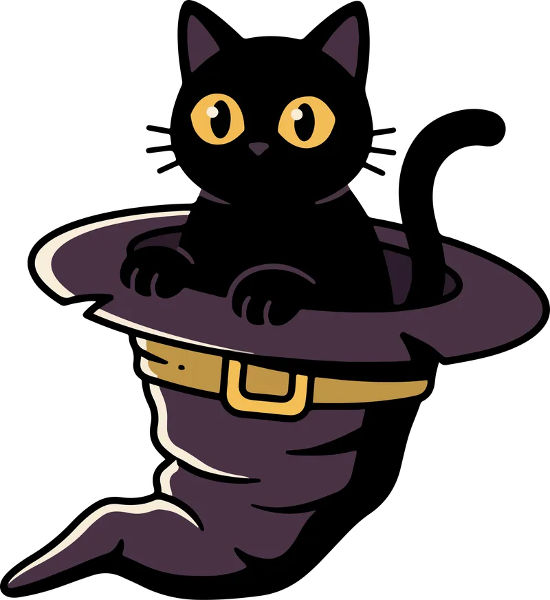 Black cat with yellow eyes peeking out of a purple witch hat with a gold buckle