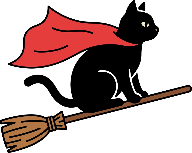 Cartoon black cat wearing a red cape and riding a flying broomstick through the air