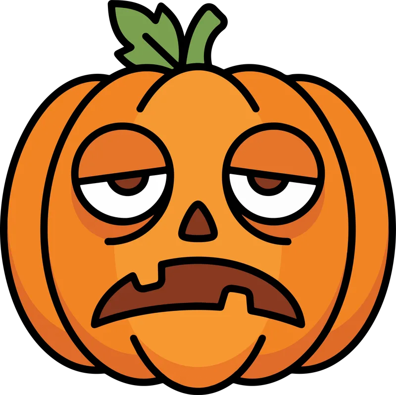 Orange pumpkin with heavy droopy eyelids and a flat frown under a leafy green stem
