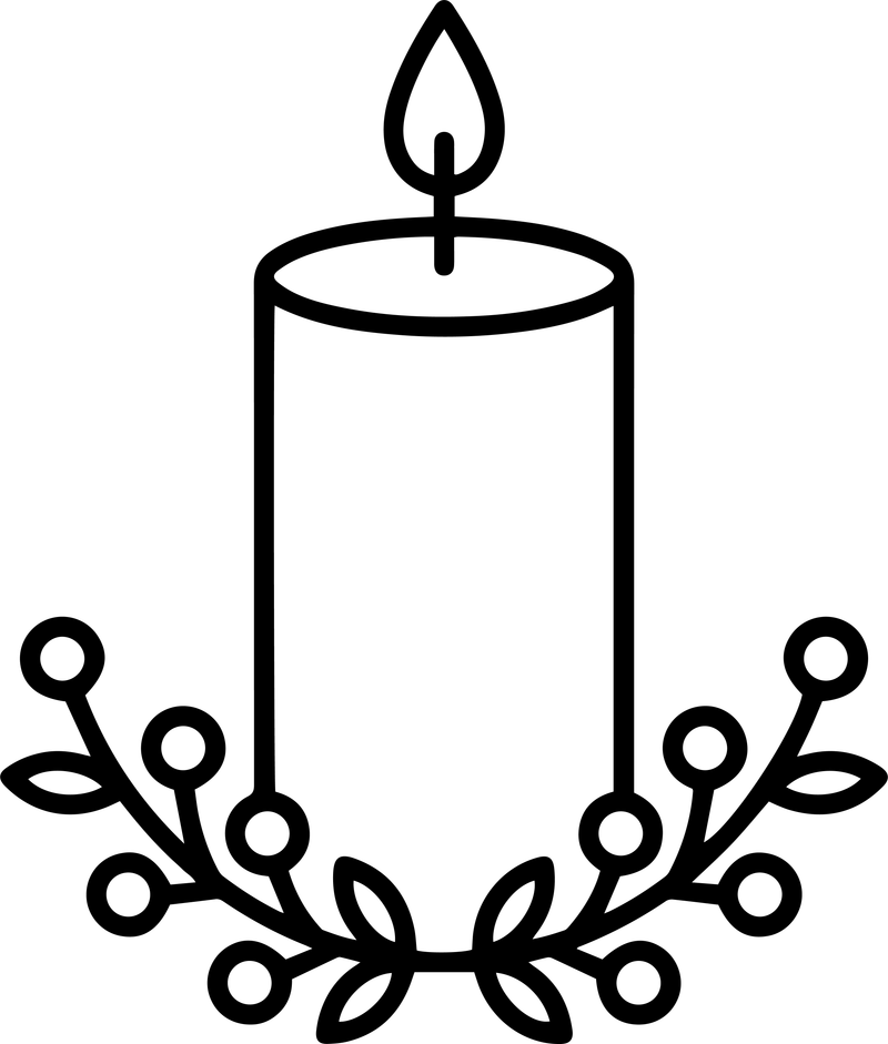 Black line art of a candle with a flame circled at the base by leafy branches and berries