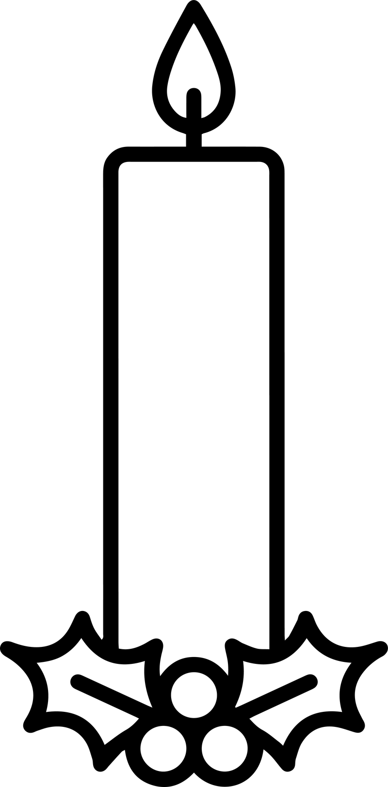 Black line art of a candle with a flame resting on holly leaves and berries