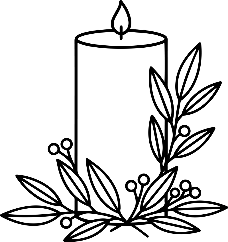 Black line art of a candle with a flame framed by curved leaf sprigs and small berries