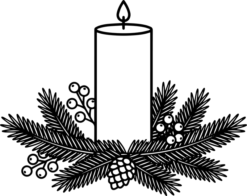 Black line art of a candle resting on pine branches with a pine cone and berries