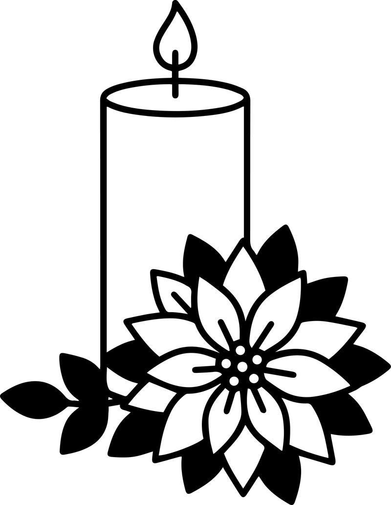 Black line art of a tall candle with a flame and a large poinsettia flower at its base