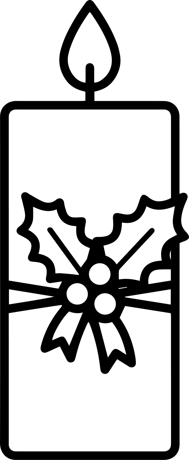 Black line art of a candle with a band of holly leaves and berries around its middle