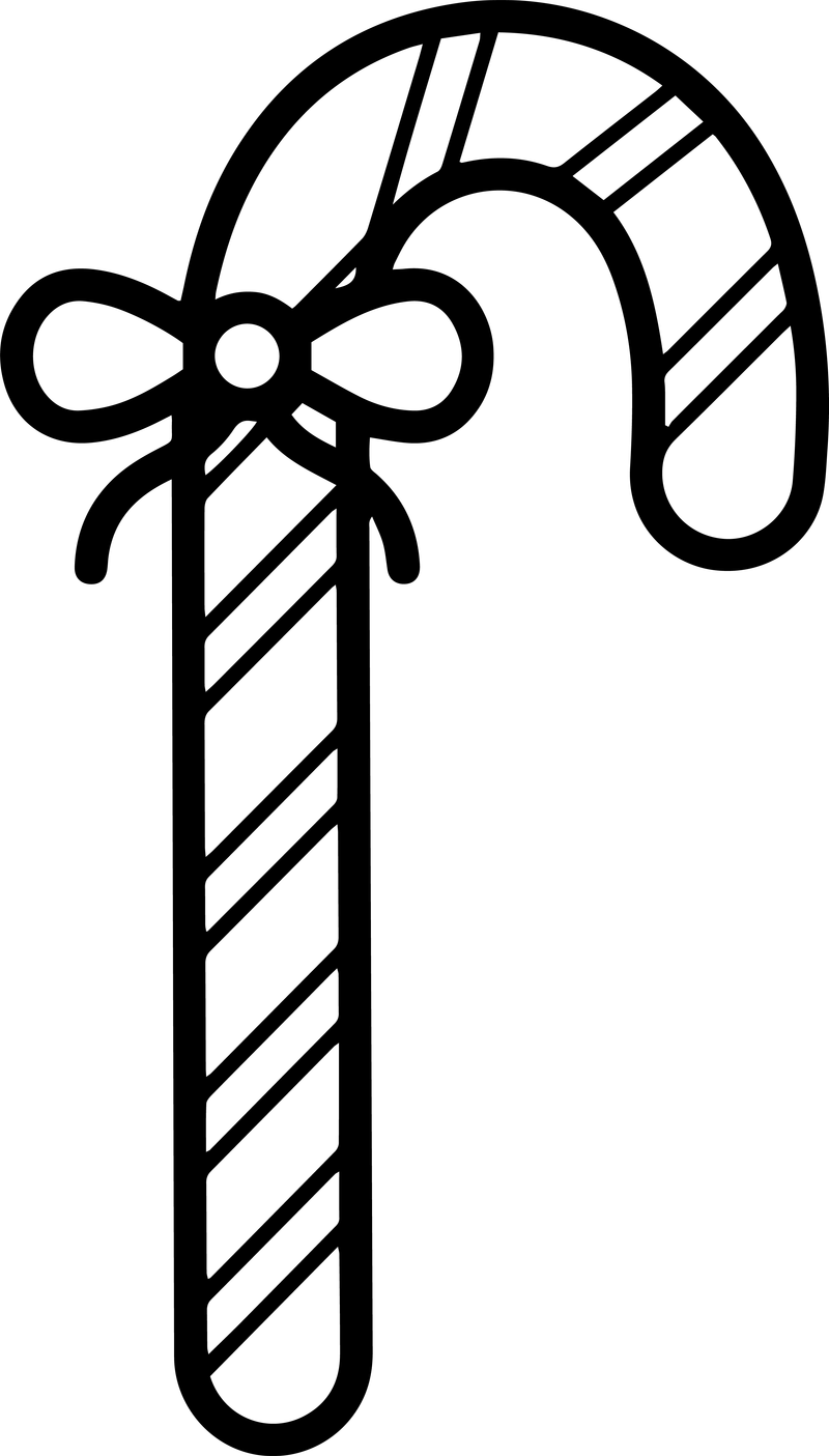 Black outline of a candy cane with diagonal stripes and a bow near the curve