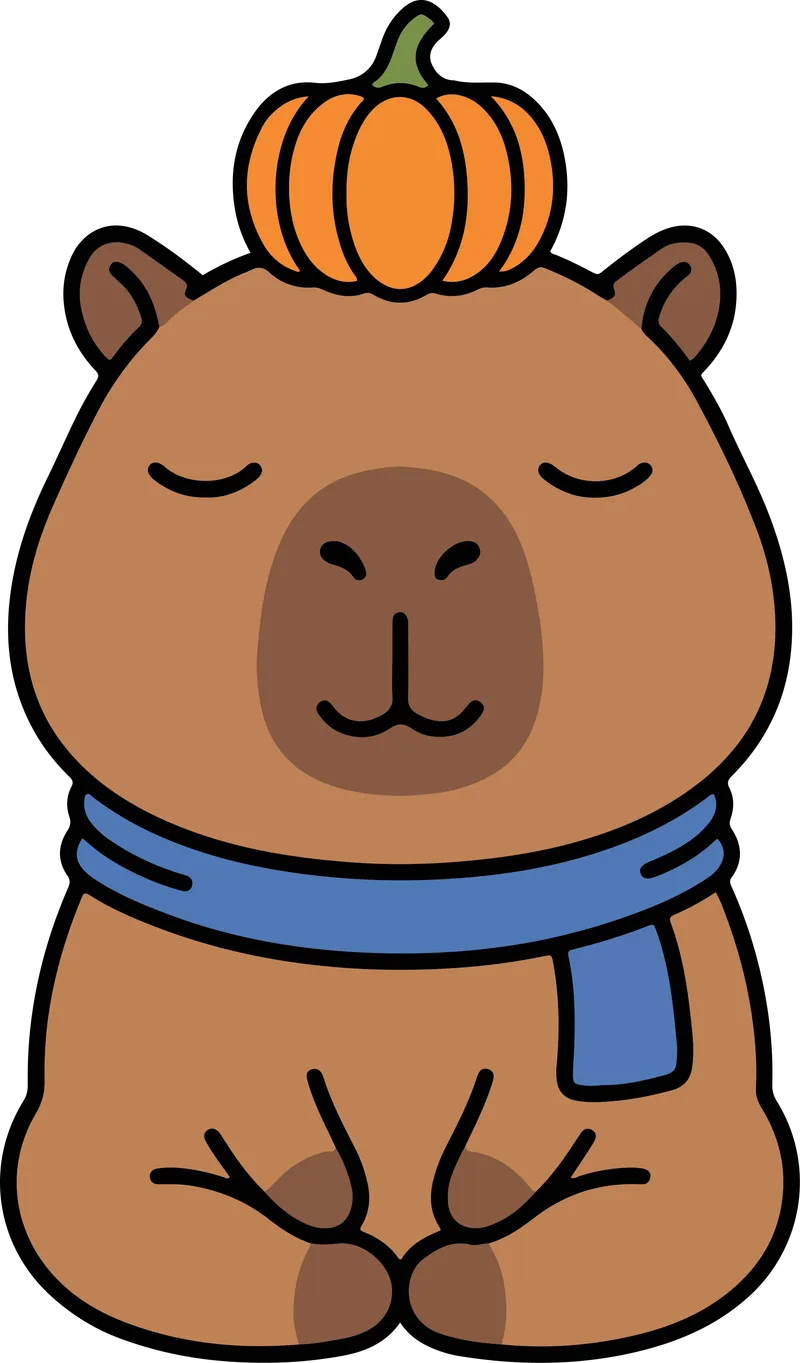 Cartoon capybara with a small pumpkin on its head and a blue scarf, sitting calmly