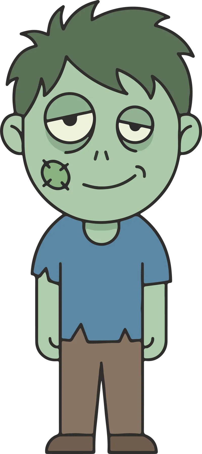 Cartoon zombie boy with green skin, messy hair, a blue t-shirt and a sleepy smile