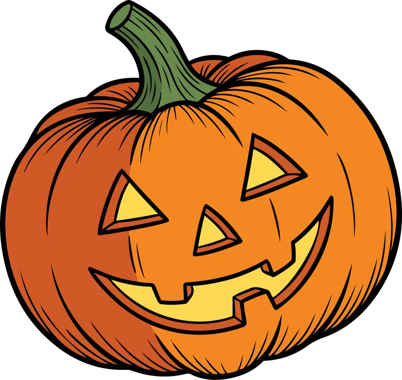 Orange carved jack-o'-lantern pumpkin with a wide yellow grin and triangle eyes