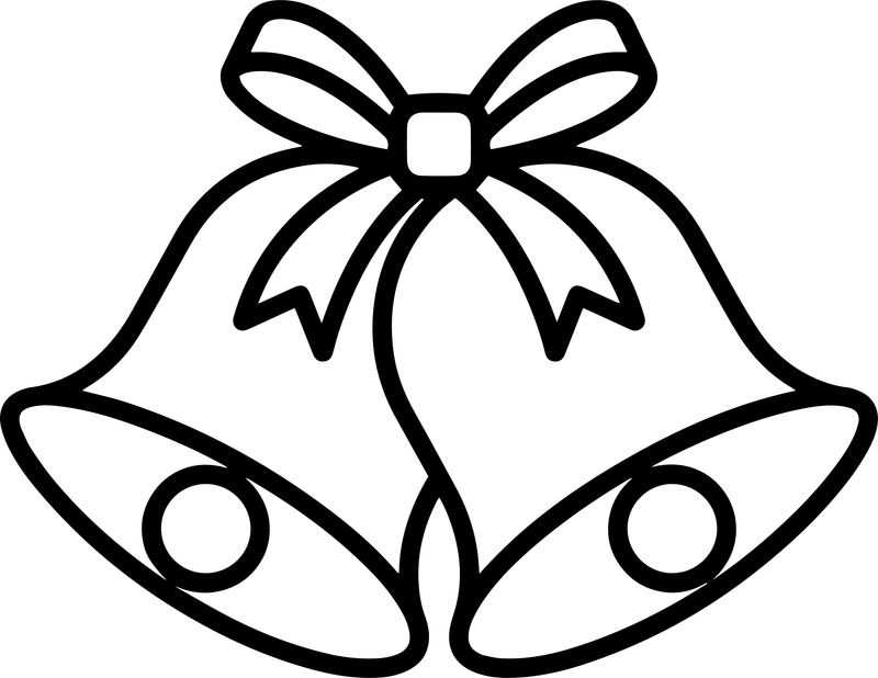 Black line art of two Christmas bells tied together with a large bow
