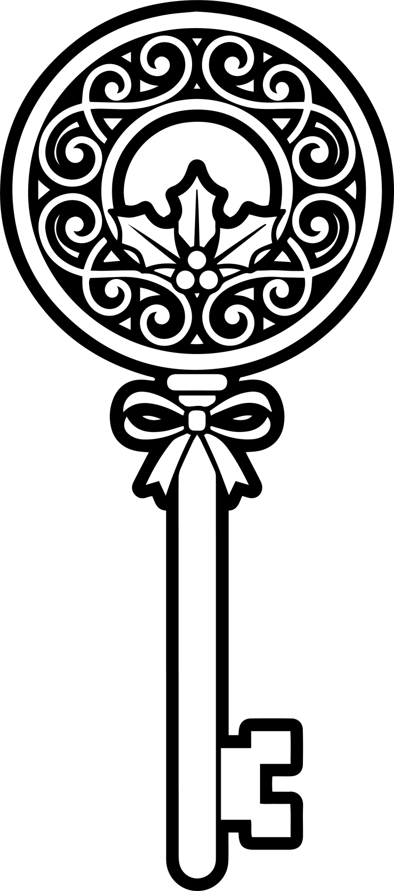 Line art of an ornate key with a swirl head, a holly leaf and a small bow