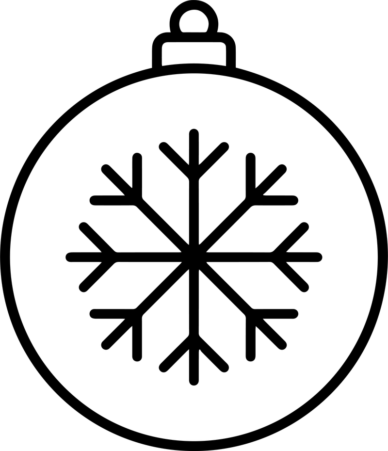 Line art of a round Christmas ornament with a large snowflake