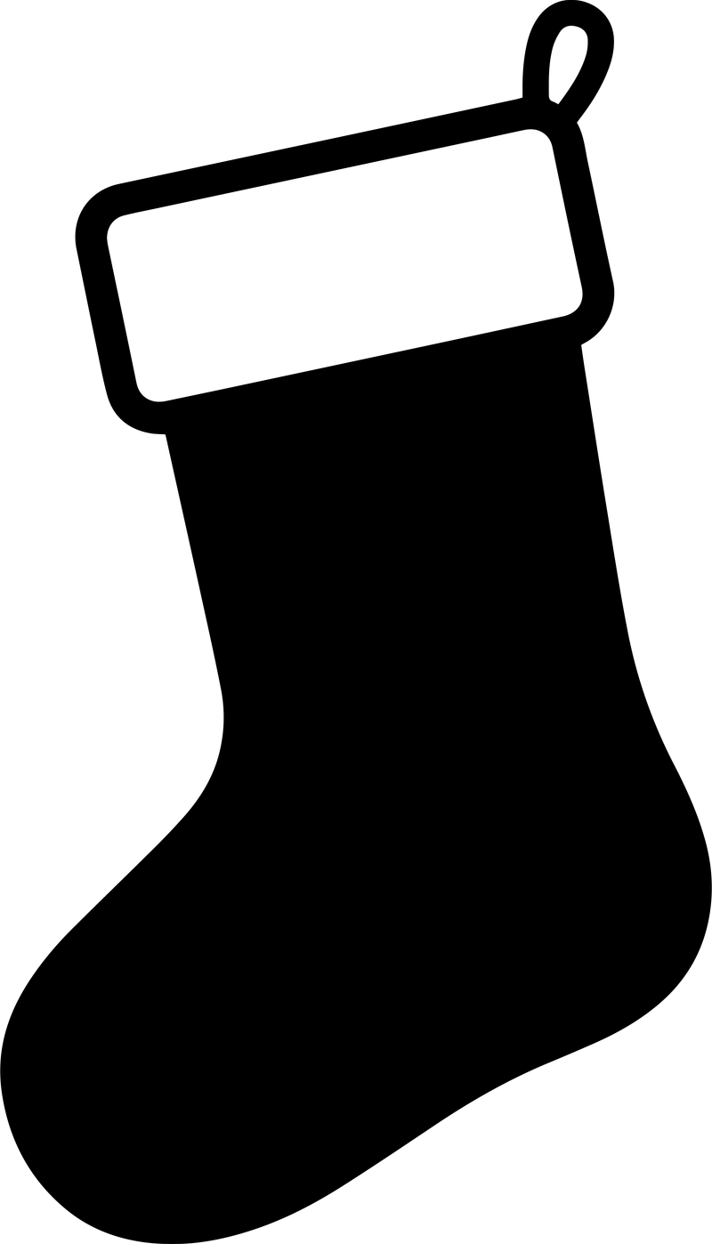 Black silhouette of a Christmas stocking with an outlined cuff and a hanging loop
