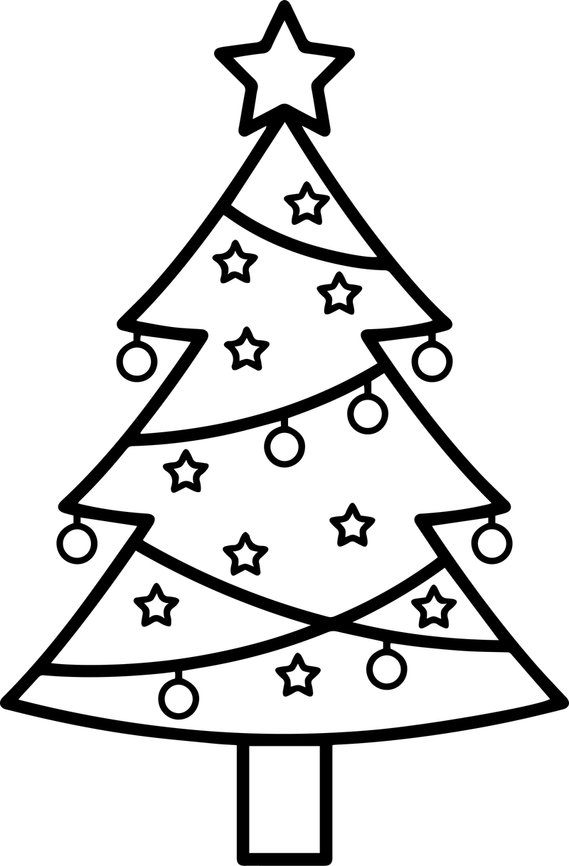 Line art of a Christmas tree with curved swags, small stars and baubles