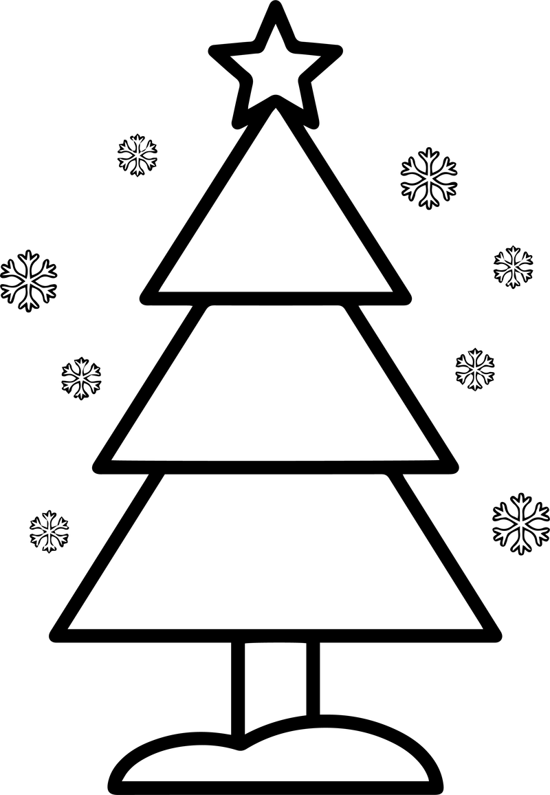 Line art of a simple Christmas tree with small snowflakes around it