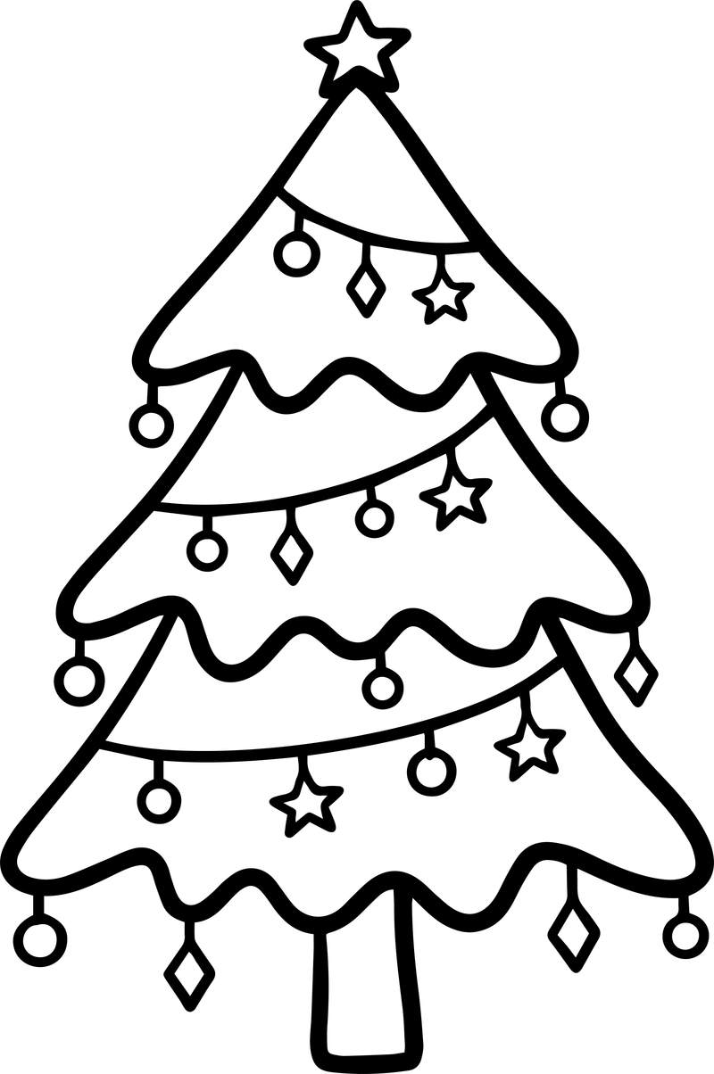 Line art of a decorated Christmas tree with garlands and ornaments