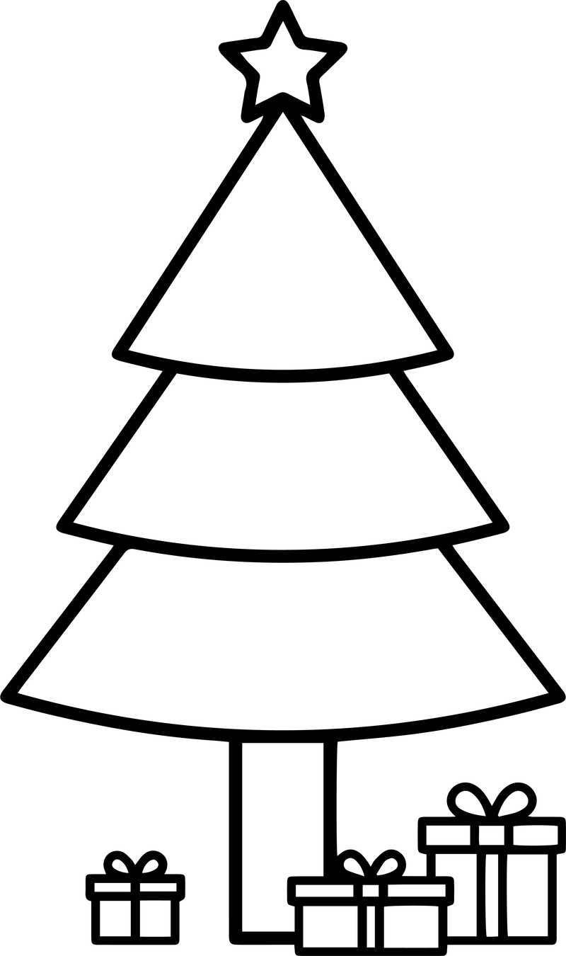 Line art of a Christmas tree with a star and three small gifts at the base