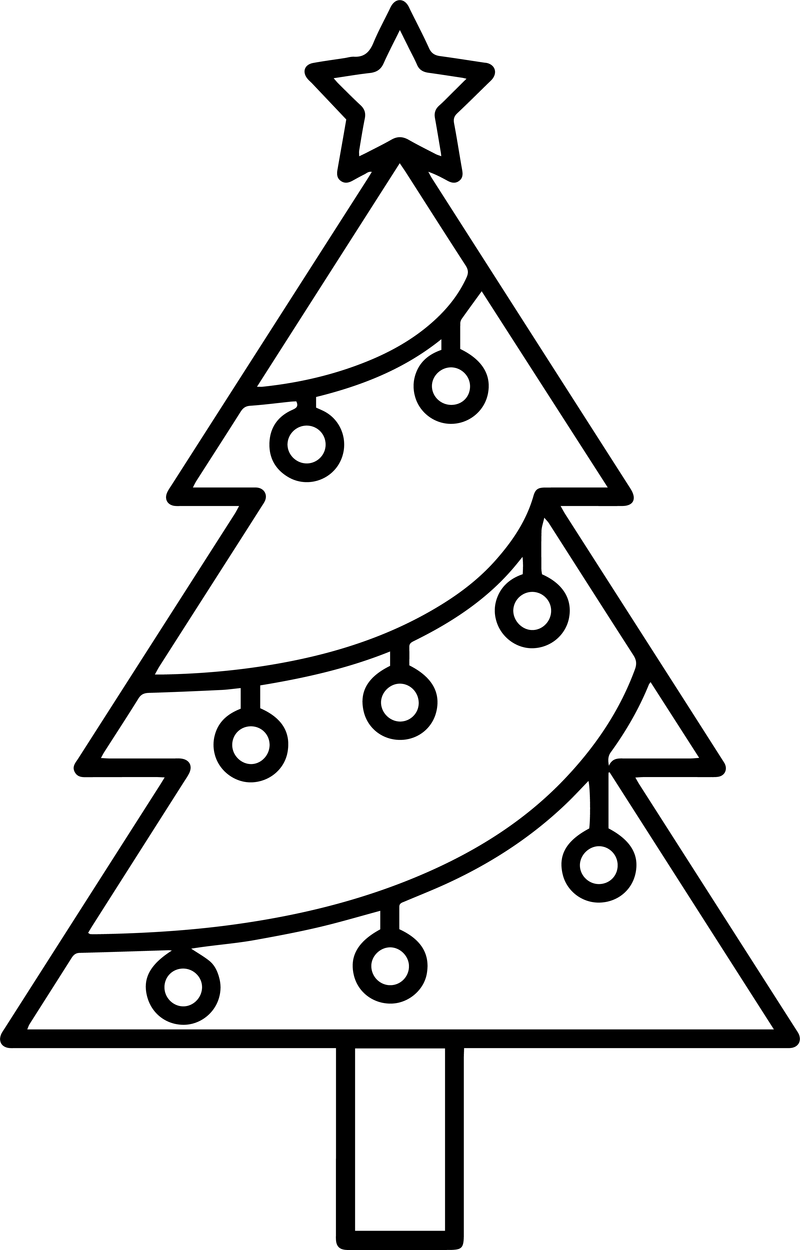 Line art of a Christmas tree with garland swags and round baubles