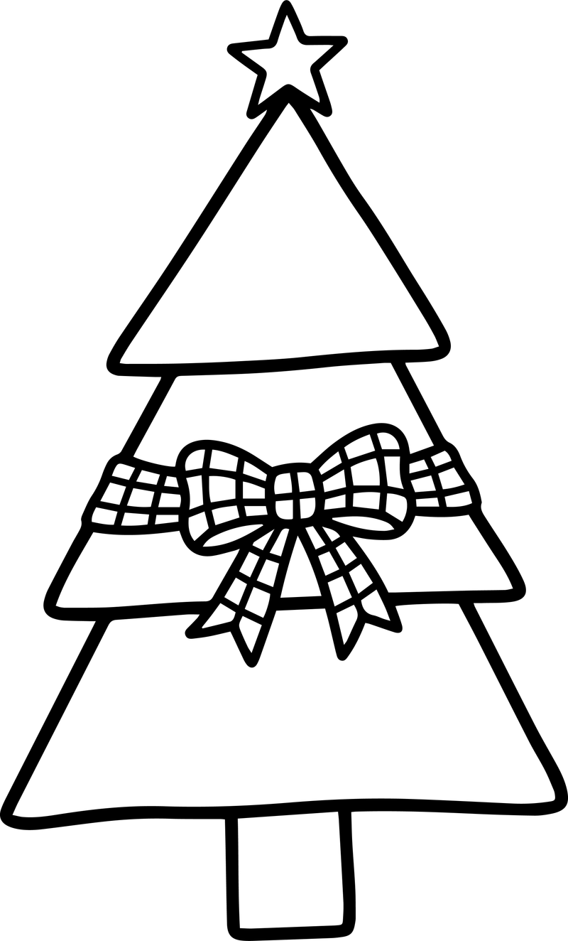 Line art of a three-tier Christmas tree wrapped with a big bow