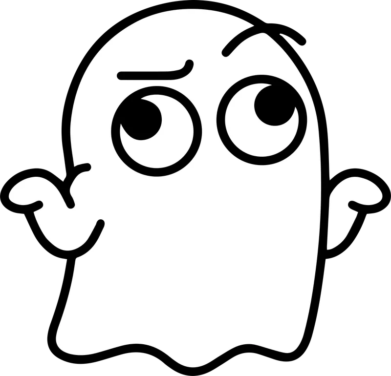 White ghost with wide round eyes looking sideways and both arms raised in a shrug