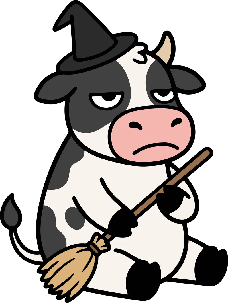 Grumpy black and white cow wearing a witch hat and holding a straw broom