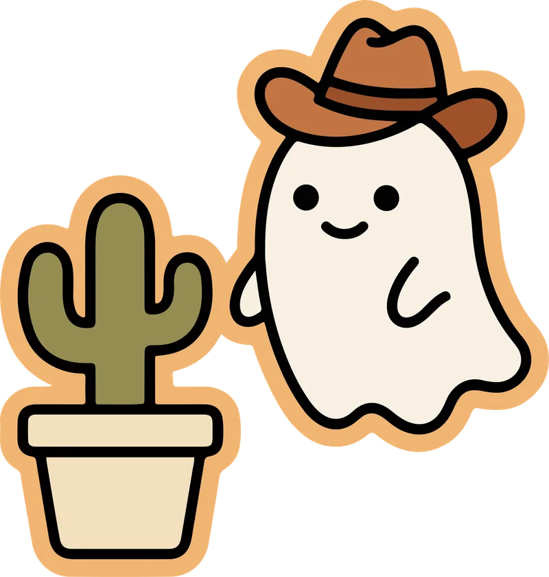 Cute white ghost in a brown cowboy hat standing next to a potted cactus with an orange border