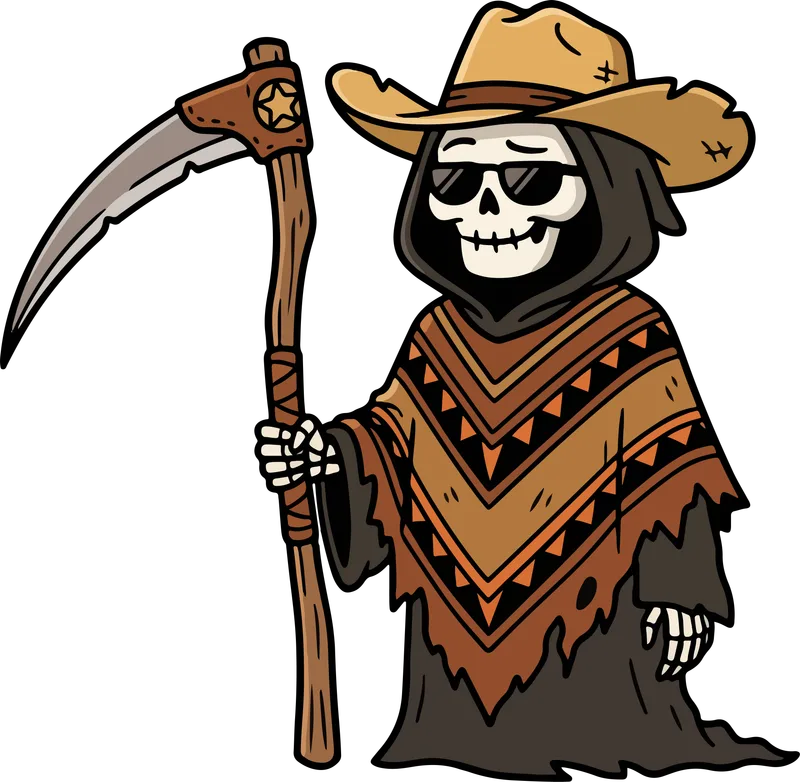 Skeleton grim reaper in sunglasses, a straw cowboy hat and a patterned poncho holding a scythe