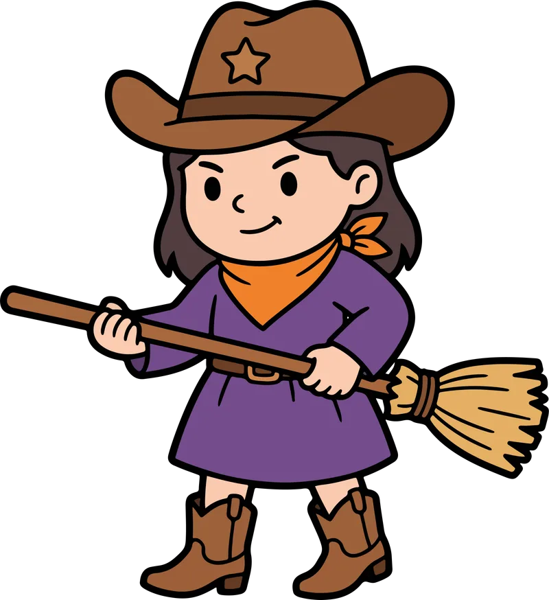 Young cowgirl in a brown hat, orange bandana and purple dress holding a straw broom