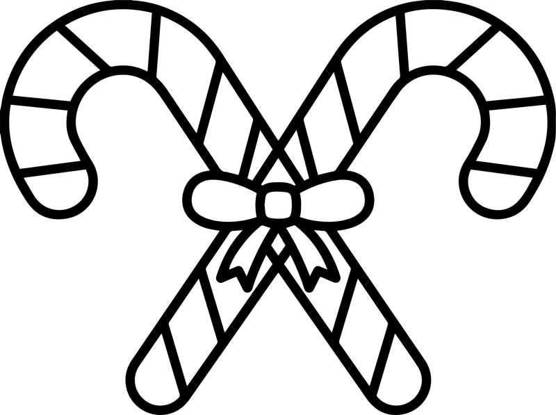 Line art of two striped candy canes crossed and tied with a bow