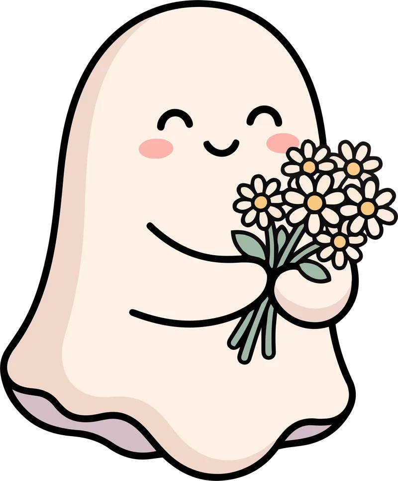 Cute white ghost with pink cheeks smiling and holding a bouquet of white daisies