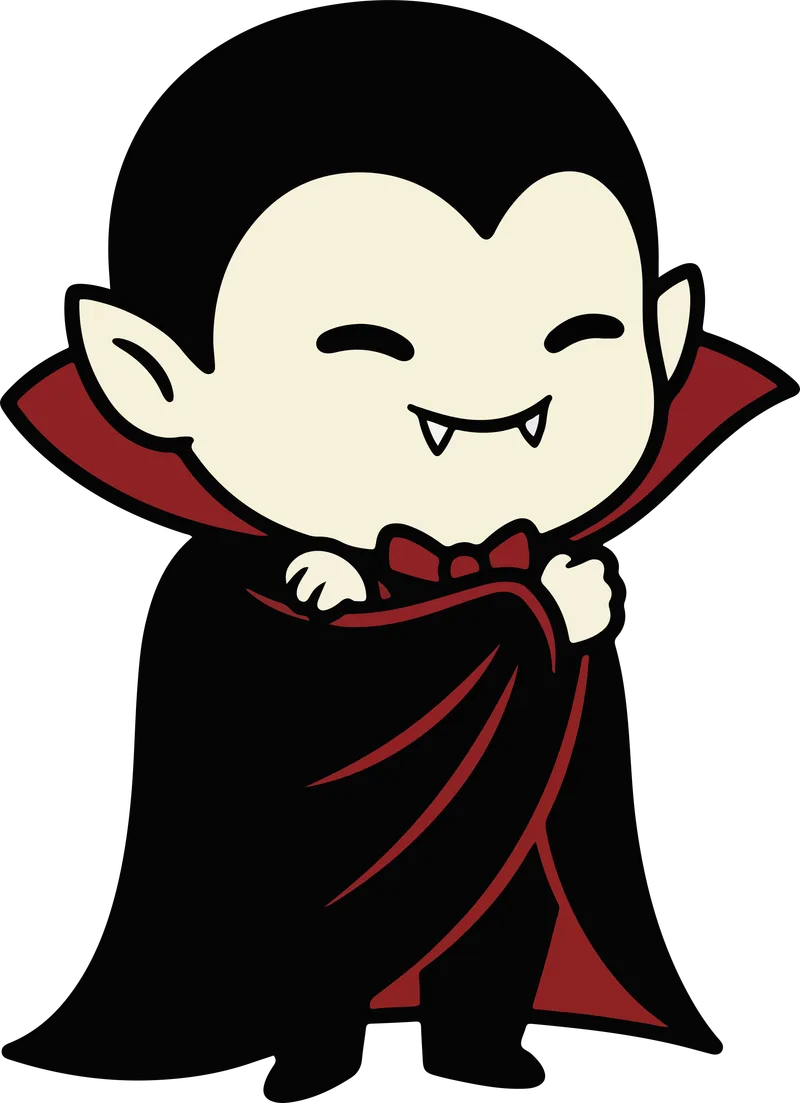Cute cartoon vampire with black hair and small fangs wrapped in a black cape with red lining