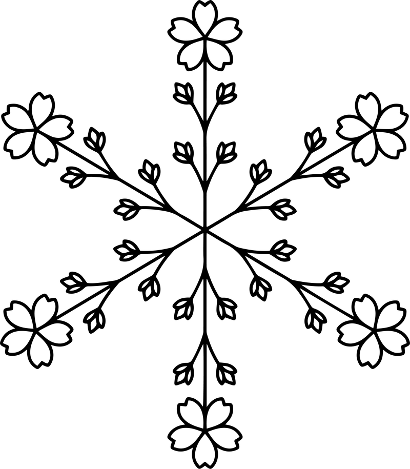 Line art of a fine-line snowflake with leaf buds and flower tips