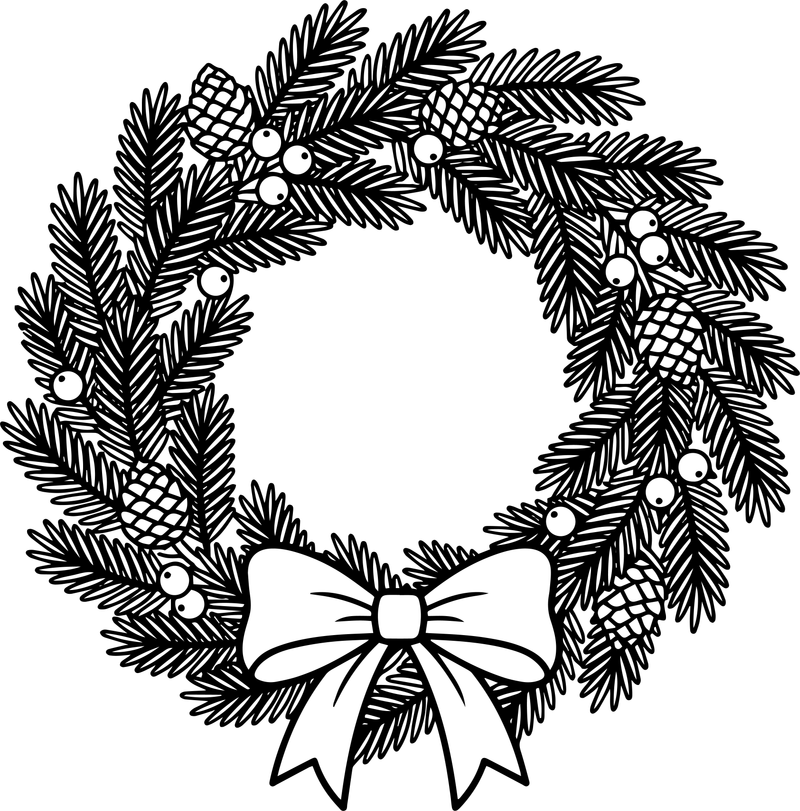 Line art of a dense fir wreath with pinecones, berries and a bow at the bottom