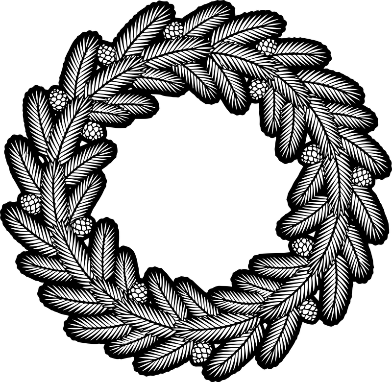 Line art of a dense round wreath of pine branches with pinecones