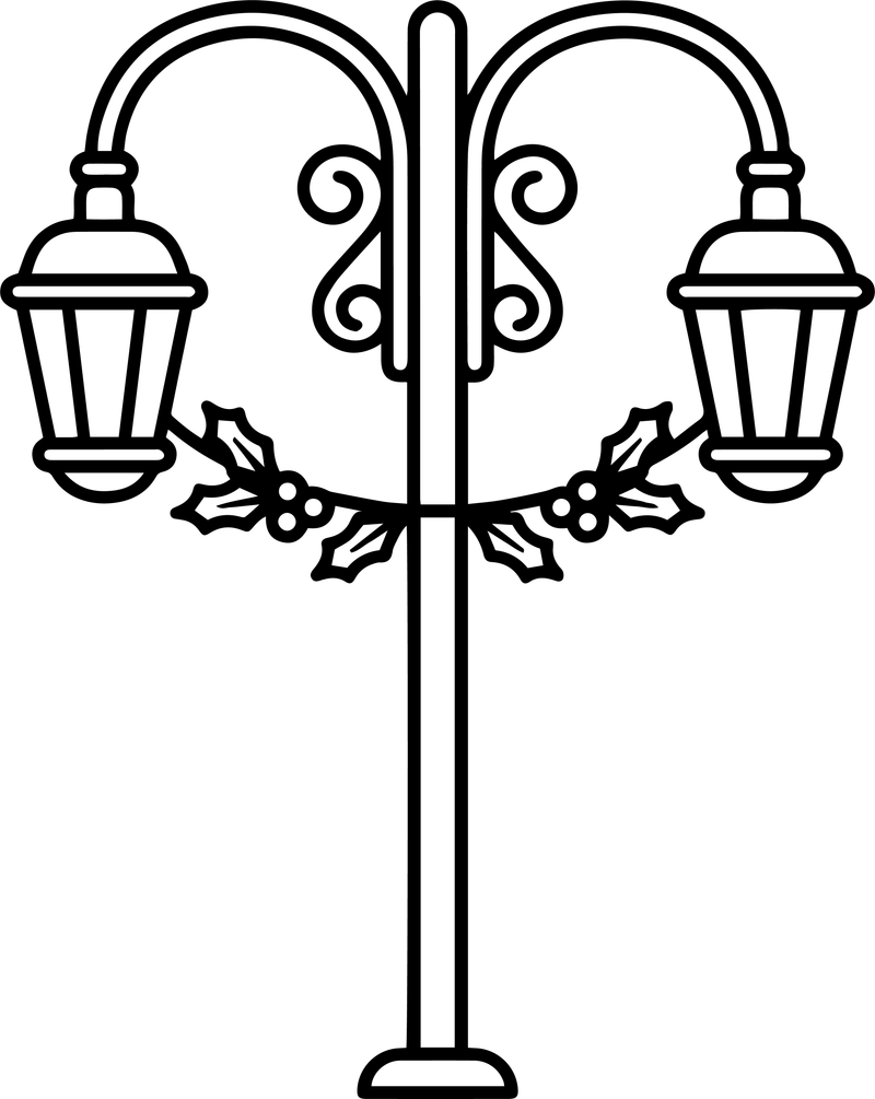 Line art of a lamp post with two lanterns and a holly garland
