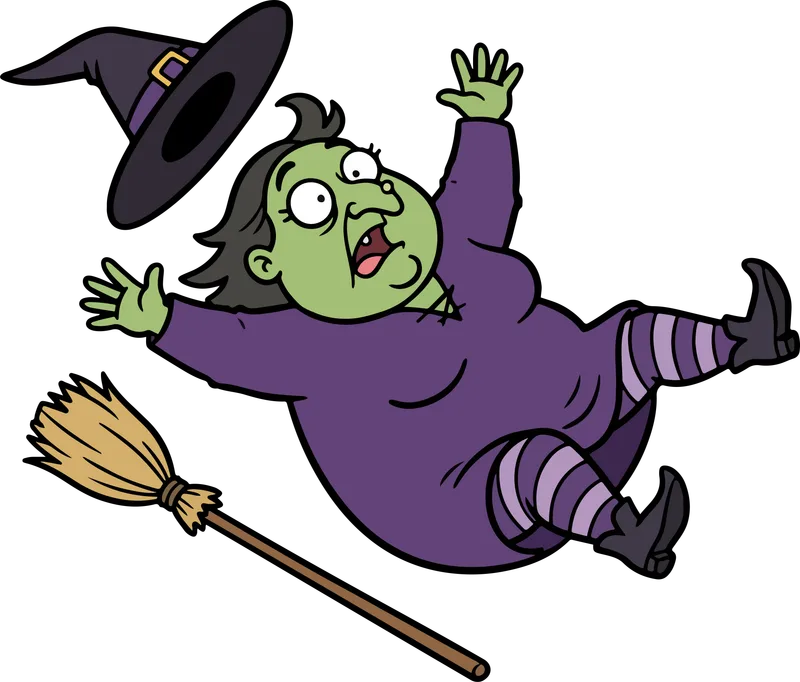 Green-skinned witch in a purple dress and striped stockings tumbling as her hat and broom fly off