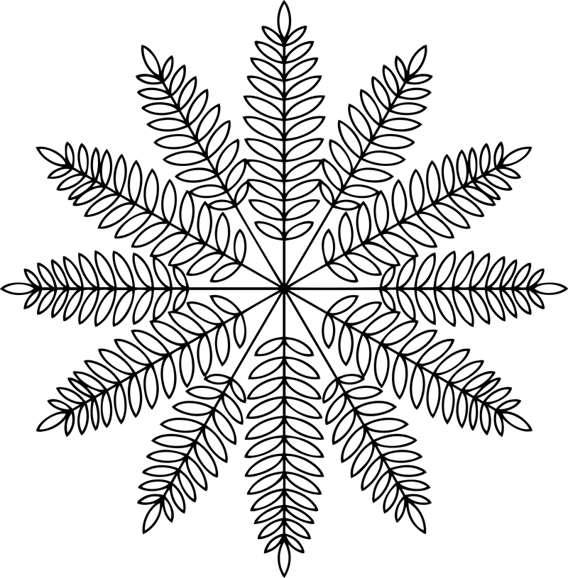 Line art of a large snowflake with feather-like leaf-shaped rays