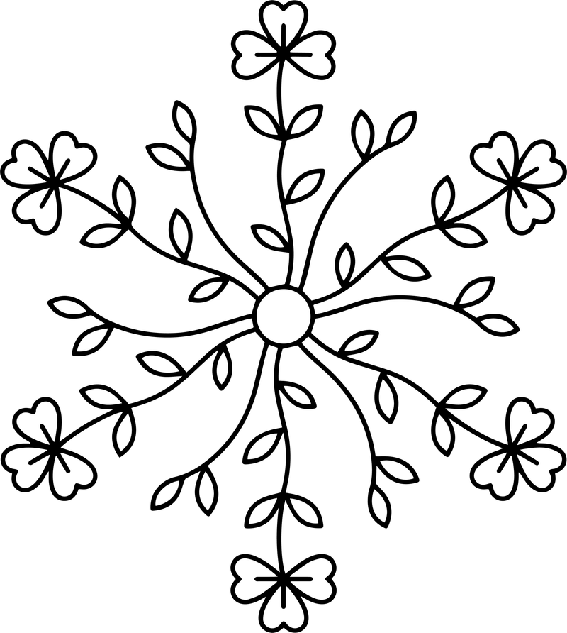 Line art of a delicate snowflake with leaf branches and flower-like tips
