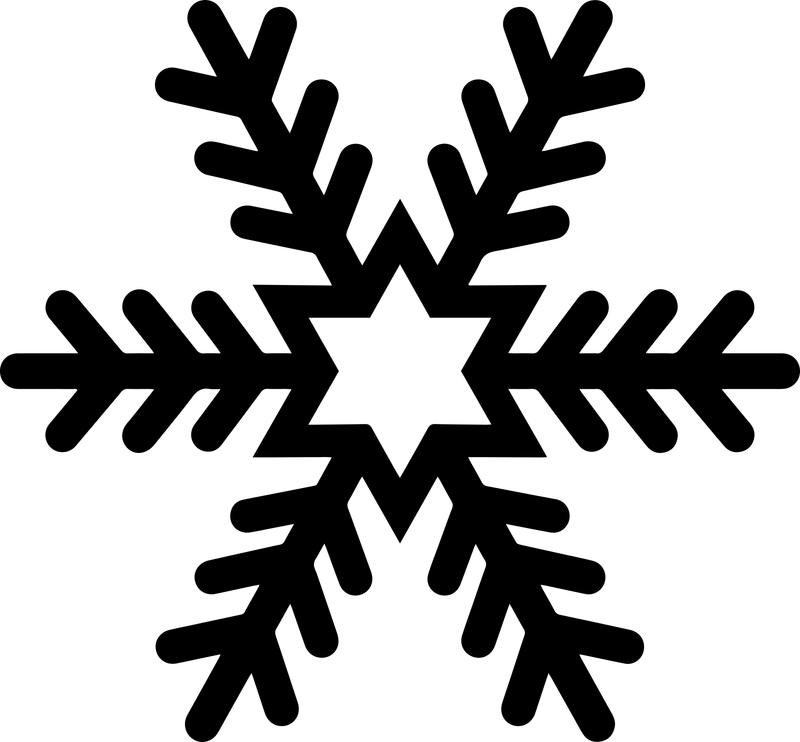 Black silhouette of a bold snowflake with leaf-like forked branches and a star hole