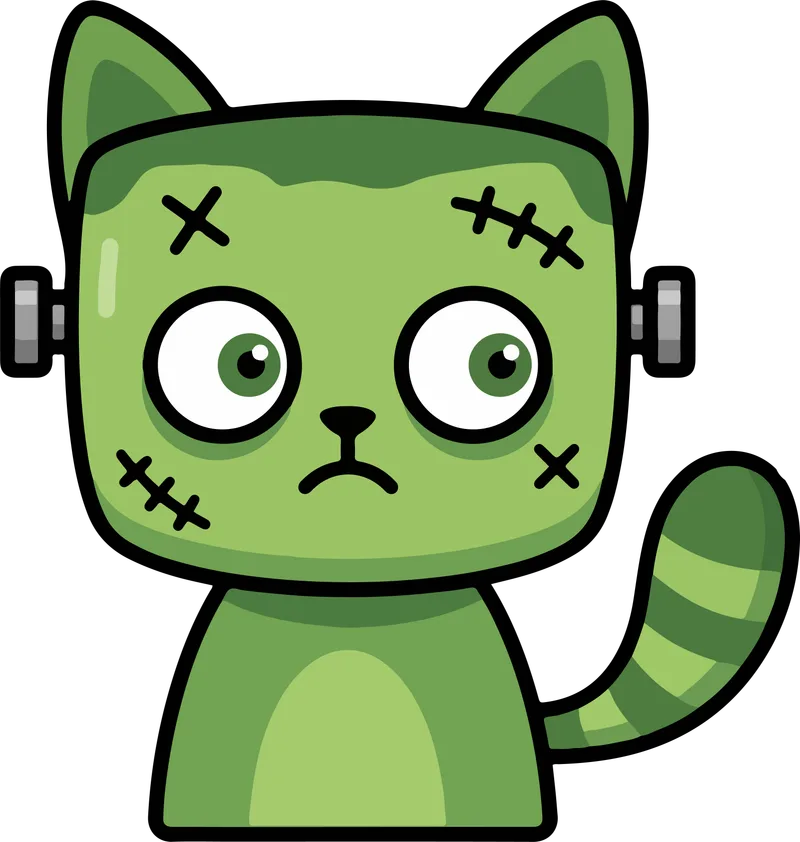 Green cat dressed as Frankenstein's monster with stitched scars, neck bolts and a striped tail