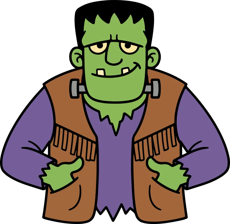 Green Frankenstein's monster with neck bolts and a gap-toothed grin in a brown fringe vest