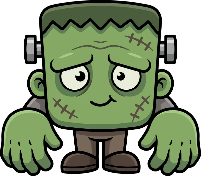 Green Frankenstein's monster with a flat head, stitched scars, neck bolts and a tired smile