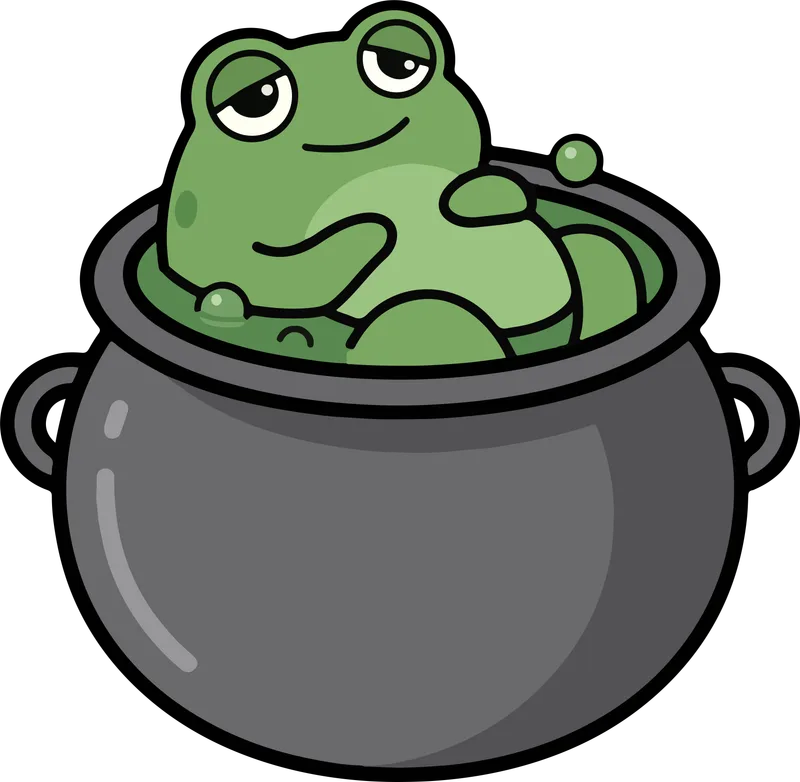 Sleepy green frog sitting in a dark witch cauldron with small bubbles rising