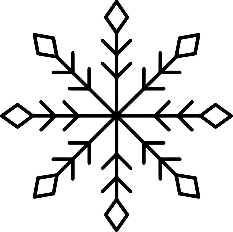 Line art of a geometric snowflake with barbed arms and diamond-shaped tips