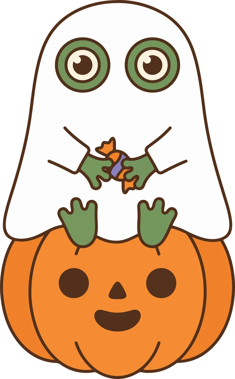 Small white ghost with big green eyes sitting on a jack-o'-lantern holding Halloween candy