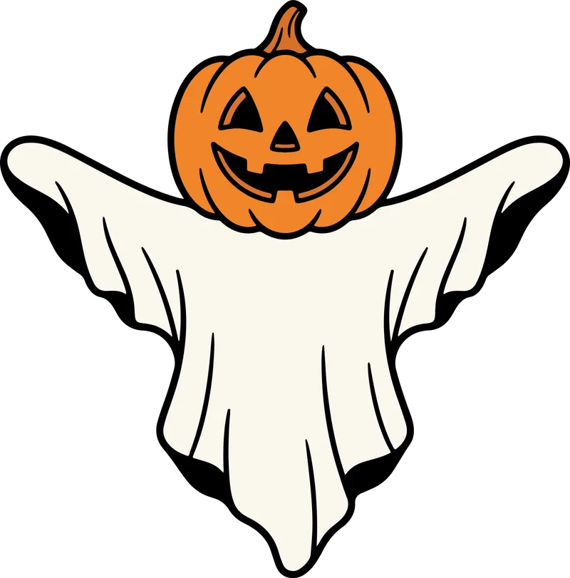 Floating cream ghost sheet with a carved jack-o'-lantern pumpkin as its head