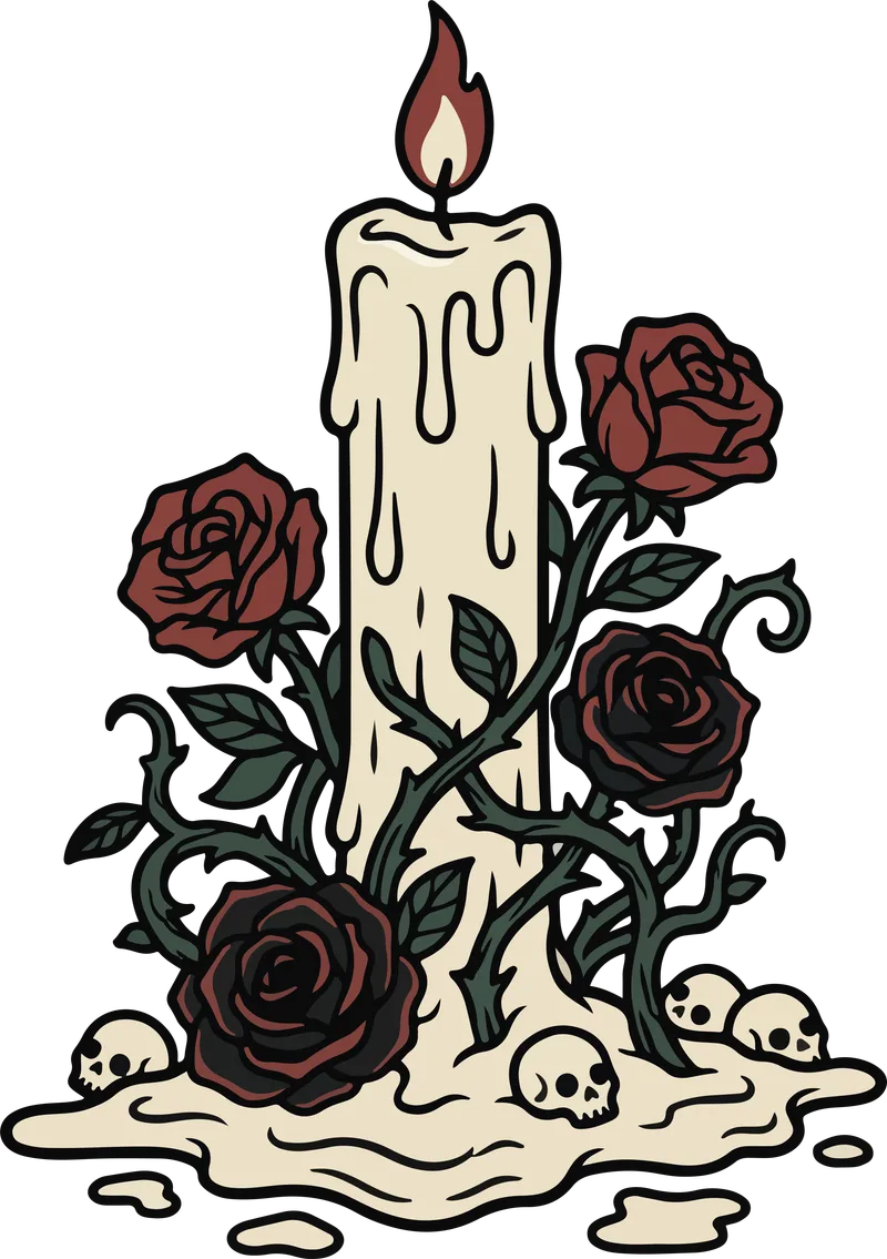 Dripping white candle wrapped in thorny vines and dark roses with small skulls in the wax