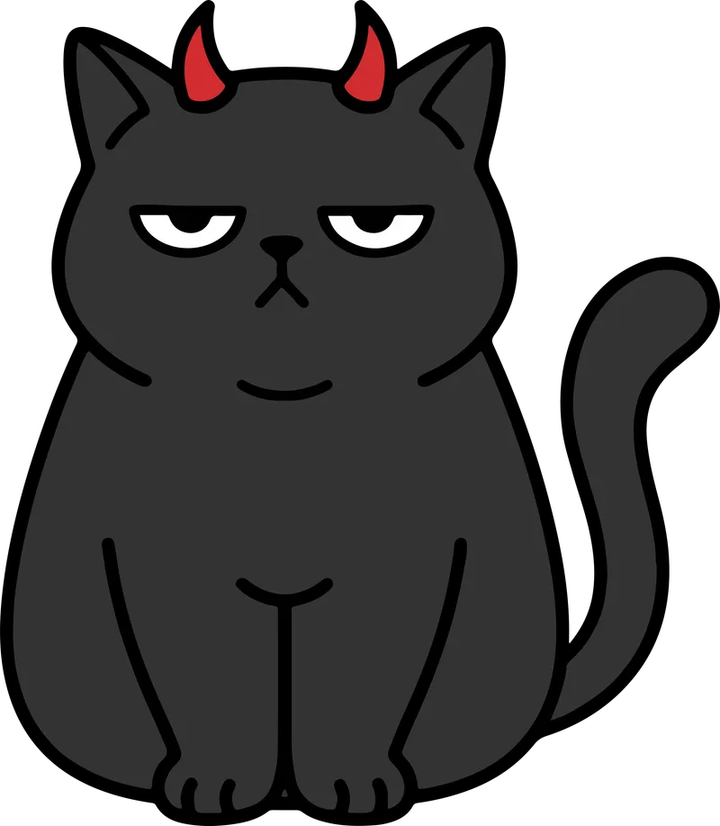 Grumpy black cat with half-closed eyes and small red devil horns sitting upright