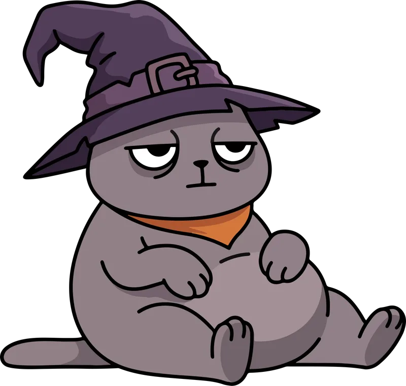 Chubby gray cat in a floppy purple witch hat and orange scarf with a bored expression