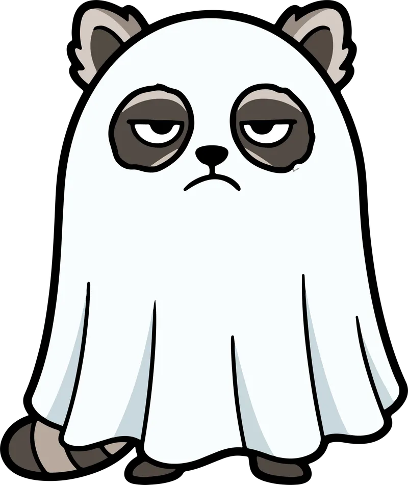 Grumpy raccoon wearing a white ghost sheet with its striped tail and feet showing